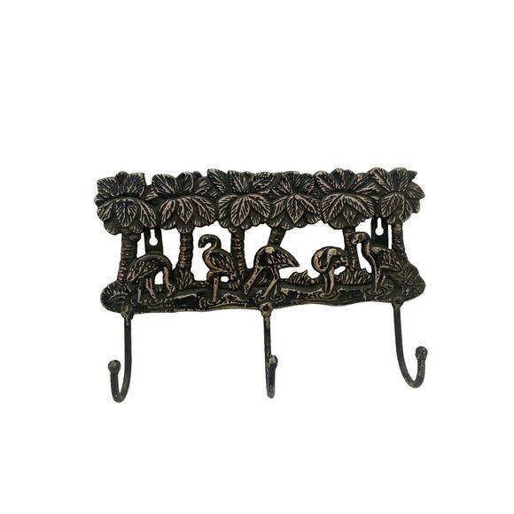 FLAMINIGOS Wall Hanging Coat Hat Key Rack w 3 Hooks Vintage Heavy Cast Metal - Picture 6 of 10